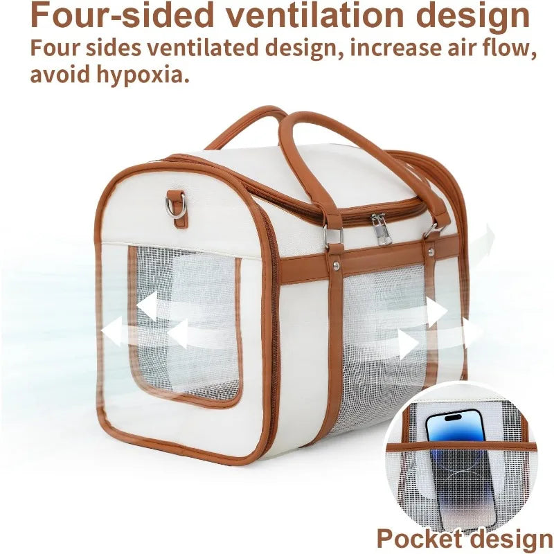 Cat Carrier, Pet Carrier Portable Bag Airline Approved Max 15lbs, Foldable Bowl, Adjustable Shoulder Strap, ivory white