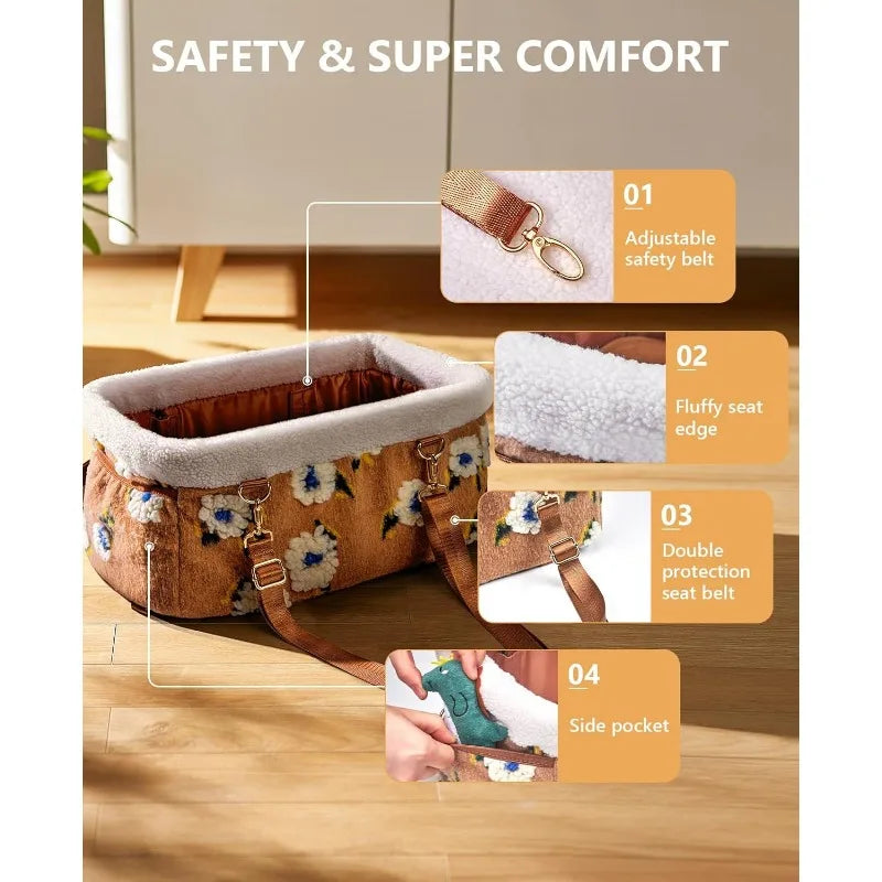 Dog Car Seat for Small Dog, Upgraded Pet Car Seat with Double Protection Belts,Washable Cushion, Safety Leash and Storage Pocket