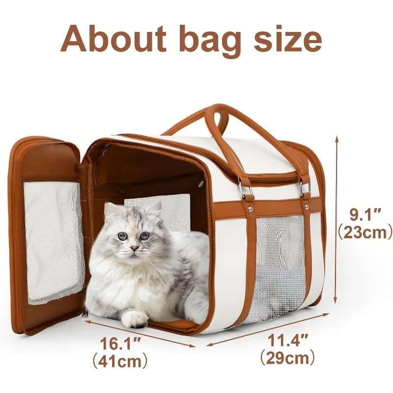 Cat Carrier, Pet Carrier Portable Bag Airline Approved Max 15lbs, Foldable Bowl, Adjustable Shoulder Strap, ivory white