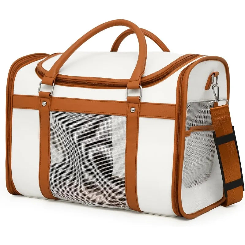 Cat Carrier, Pet Carrier Portable Bag Airline Approved Max 15lbs, Foldable Bowl, Adjustable Shoulder Strap, ivory white