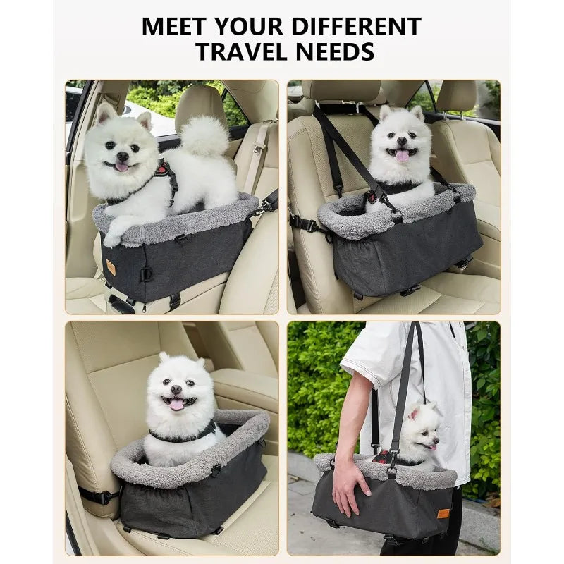 Dog Car Seat for Small Dog, Upgraded Pet Car Seat with Double Protection Belts,Washable Cushion, Safety Leash and Storage Pocket