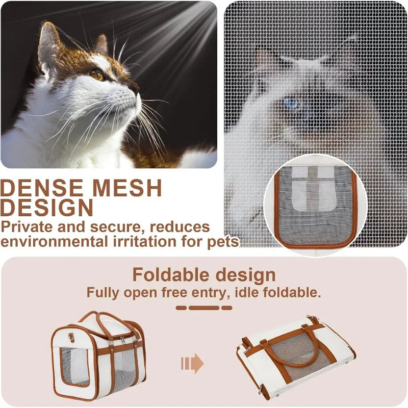 Cat Carrier, Pet Carrier Portable Bag Airline Approved Max 15lbs, Foldable Bowl, Adjustable Shoulder Strap, ivory white