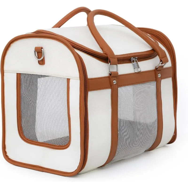 Cat Carrier, Pet Carrier Portable Bag Airline Approved Max 15lbs, Foldable Bowl, Adjustable Shoulder Strap, ivory white